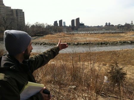 Christopher Girgenti, Natural Areas Manager at the Randall's Island Park Alliance, points to the restored saltwater marsh of Little Hells Gate on the Harlem River.