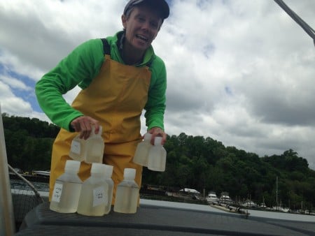 In the vicinity of New Hamburg, Carol prepared her second batch of samples for processing in our IDEXX Enterolert lab, housed aboard the R. Ian Fletcher. Whether we're taking samples from the boat or community scientists are taking samples in far-flung creeks throughout the Hudson River Watershed, protocol is followed to maintain accuracy. This is one of the rare moments when the bottles are visible. Once taken out of the water, they are kept in a cold, dark place -- cold, to keep bacteria from growing, and dark to keep UV light from killing bacteria. The goal is to get a snapshot of what's in the river at the moment the sample is taken.  