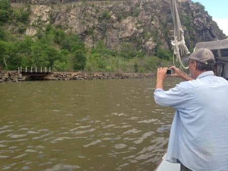 Capt. John documents new and ongoing cases while on patrol. In this case, he's checking out the crumbling railroad bridge south of Storm King Mountain that was the subject of Riverkeeper's investigation and numerous news stories. We saw no signs it has been repaired. We later saw a long crude oil train headed south toward it. 