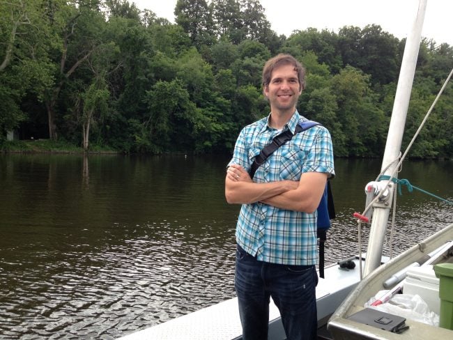 Damian Helbling of Cornell University, aboard the Riverkeeper patrol boat. (Photo by Dan Shapley / Riverkeeper)